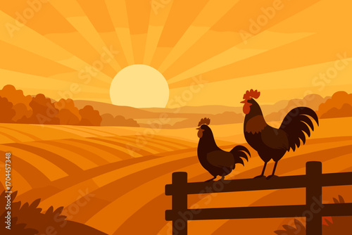 Autumn Farm Sunrise. Flat vector of scenic sunrise over autumn farmland with golden field rows, misty horizon and roosters on
