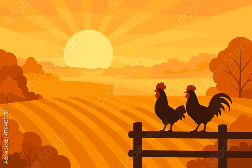 Autumn Farm Sunrise. Flat vector of scenic sunrise over autumn farmland with golden field rows, misty horizon and roosters on