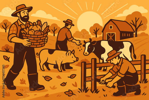 Autumn Farm Chores. Vector art of fall farm chores — farmer carrying basket of produce, feeding livestock, mending fences under