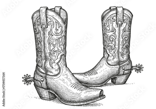 Intricately detailed hand-drawn illustration of classic western cowboy boots adorned with spurs, evoking a timeless frontier spirit with artistic flair and traditional craftsmanship
