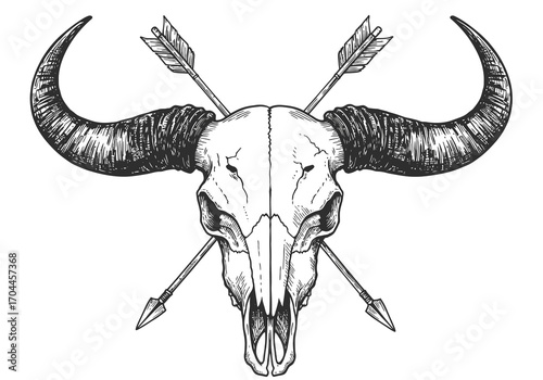 Detailed hand-drawn bull skull illustration with crossed arrows, a powerful graphic design element capturing rugged wildlife and symbolic vintage aesthetic for diverse artistic projects