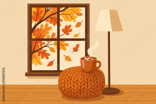 Cozy Autumn Interior. Charming vector layout of interior with fall leaves outside the window, knitted pouf, floor lamp and cup of