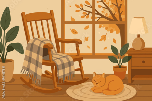 Cozy Autumn Corner. Horizontal vector banner of cozy interior corner with rocking chair, wool blanket, cat curled beside autumn