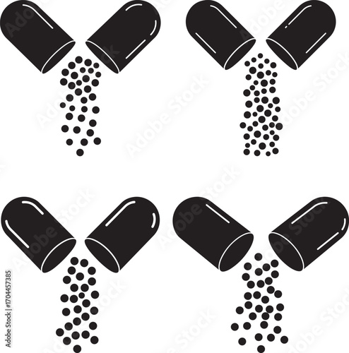Four open capsules releasing small black pellets silhouette
