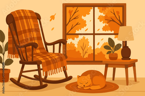 Cozy Autumn Corner. Horizontal vector banner of cozy interior corner with rocking chair, wool blanket, cat curled beside autumn