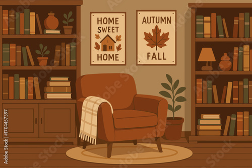 Cozy Autumn Library. Vector banner showing warm home library with armchair, throw, wooden shelves, and vintage autumn posters.