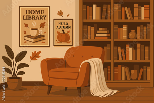 Cozy Autumn Library. Vector banner showing warm home library with armchair, throw, wooden shelves, and vintage autumn posters.