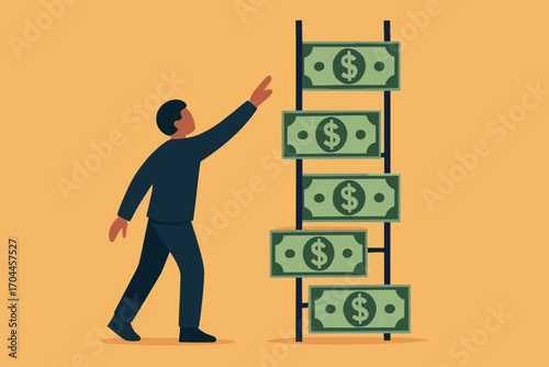 Investing Ladder Climb. Vector art of person reaching for ladder made of dollar bills symbolizing steady personal investment