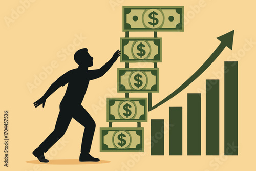 Investing Ladder Climb. Vector art of person reaching for ladder made of dollar bills symbolizing steady personal investment