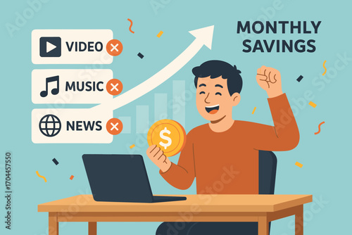 Celebrating Savings Success. Vector scene of person canceling unnecessary services and celebrating increased monthly savings.