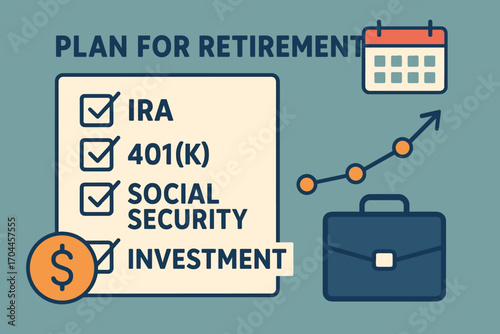 Retirement Planning Checklist. Flat design banner showing “Plan for Retirement” checklist with IRA, 401(k), social security and
