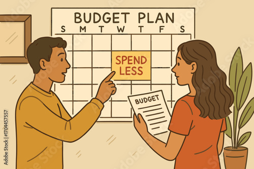 Budget Planning Discussion. Illustrated scene of couple reviewing simple budget plan on wall calendar with highlighted “spend less