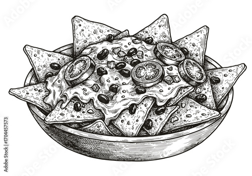Hand-drawn illustration of loaded nachos. Crispy tortilla chips, melted cheese, black beans, and jalapeños in a bowl. Monochrome food sketch artwork