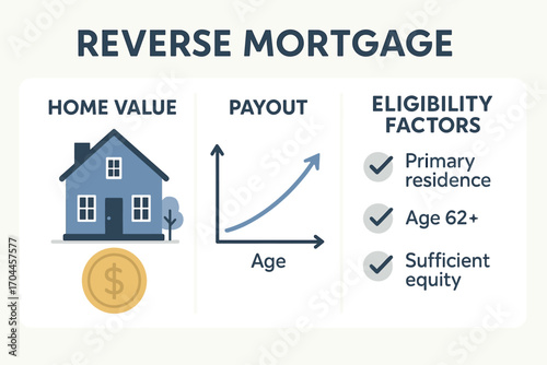 Reverse Mortgage Insights. Modern banner of reverse mortgage explanation — home value, payout graph and eligibility factors.