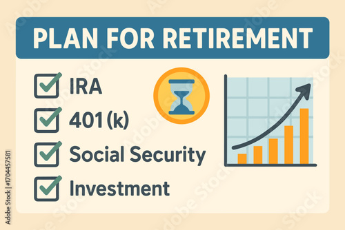 Retirement Planning Checklist. Flat design banner showing “Plan for Retirement” checklist with IRA, 401(k), social security and