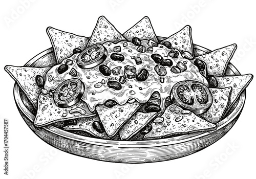 Detailed hand-drawn sketch of a delicious plate of loaded nachos with cheese, beans, and jalapeños, perfect for a snack or party appetizer
