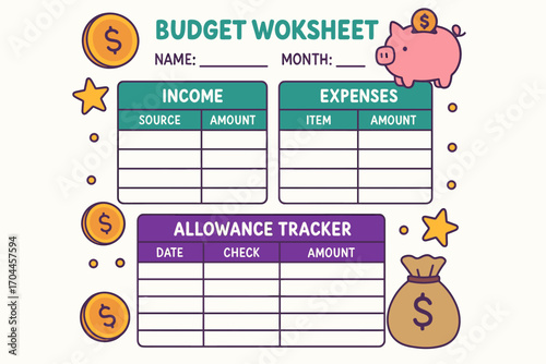 Kid-Friendly Budget Worksheet. Vector layout of printable budget worksheet with kid-friendly visuals and allowance tracking.