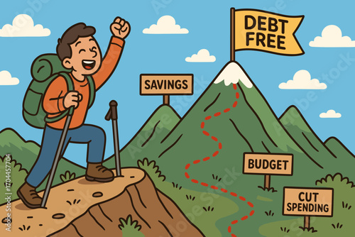 Journey to Financial Freedom. Cartoon-style horizontal banner of person reaching mountain peak labeled “debt free,” with financial