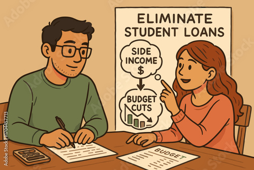 Planning Financial Freedom. Illustrated scene of couple planning how to eliminate student loans using side income and budget cuts.