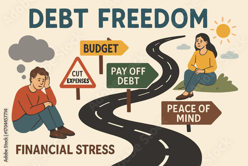 Debt Freedom Journey. Illustrated visual of a “debt freedom” roadmap — from financial stress to peace of mind.