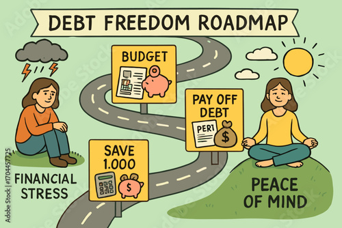 Debt Freedom Journey. Illustrated visual of a “debt freedom” roadmap — from financial stress to peace of mind.