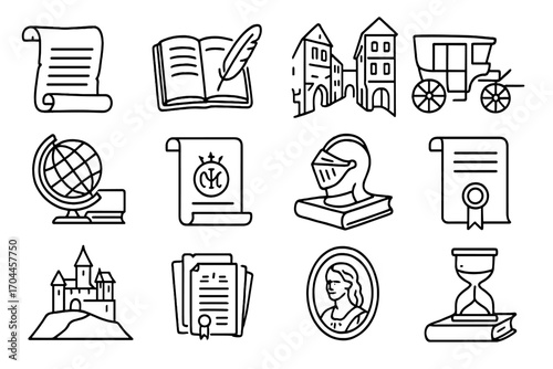 Historical Novel Icons. Line style icons of historical novels: parchment scroll, quill-written diary, old town streets, carriage