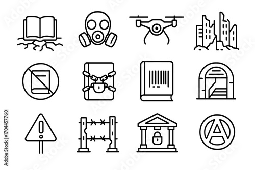 Dystopian Novel Icons. Line style icons of dystopian novels: cracked earth with book, gas mask beside pages, surveillance drone,