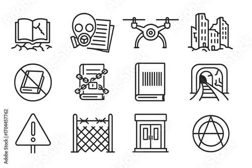 Dystopian Novel Icons. Line style icons of dystopian novels: cracked earth with book, gas mask beside pages, surveillance drone,