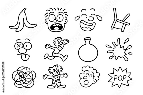 Comedic Icon Set. Line style icons of comedy comics: banana peel slip, over-the-top reaction face, laugh tear burst, falling chair
