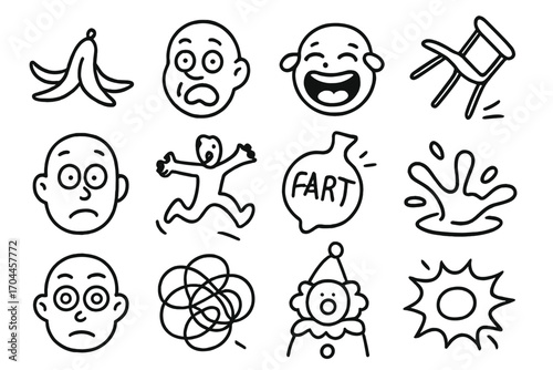 Comedic Icon Set. Line style icons of comedy comics: banana peel slip, over-the-top reaction face, laugh tear burst, falling chair