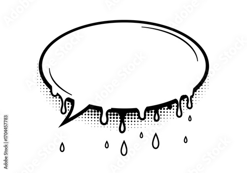 Dynamic graphic illustration of a melting speech bubble with halftone comic pop art effects, conveying a message dripping with style and visual impact in a unique artistic rendition