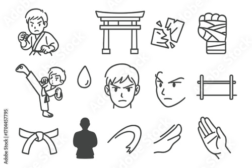 Martial Arts Icons. Line style icons of martial arts manga: stance pose, dojo gate, broken board, bandaged hand; kick motion,