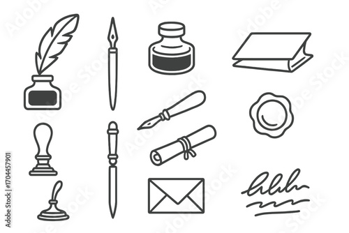 Antique Writing Icons. Line style icons of antique writing instruments: feather quill, dip pen, ink bottle, blotting paper; seal