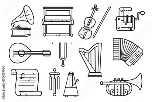 Antique Instrument Icons. Line style icons of antique musical instruments: gramophone, upright piano, violin with bow, hand-crank