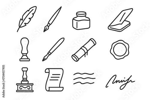 Antique Writing Icons. Line style icons of antique writing instruments: feather quill, dip pen, ink bottle, blotting paper; seal
