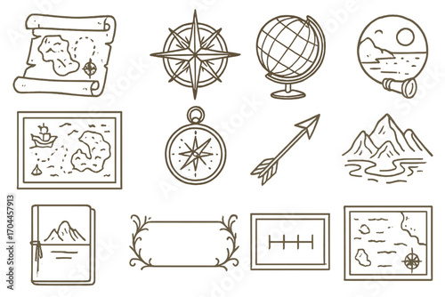 Antique Map Icons. Line style icons of antique maps and globes: rolled parchment map, compass rose, old globe, spyglass view;
