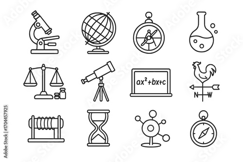 Scientific Antiques Line Art. Line style icons of antique scientific instruments: brass microscope, celestial globe, astrolabe,