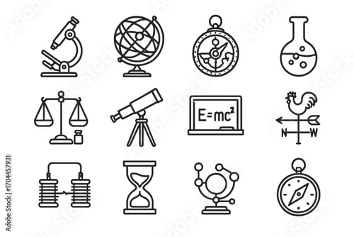Scientific Antiques Line Art. Line style icons of antique scientific instruments: brass microscope, celestial globe, astrolabe,