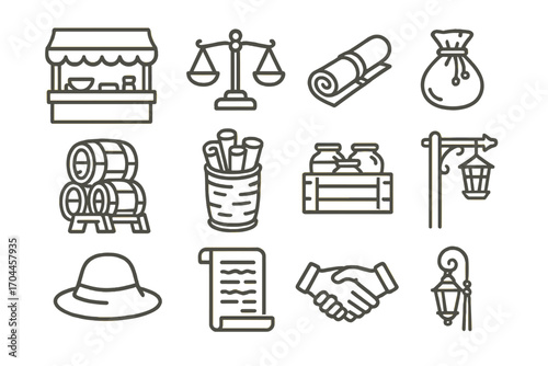Antique Marketplace Icons. Line style icons of antique marketplace scenes: open-air stall, merchant scale, fabric roll, coin pouch