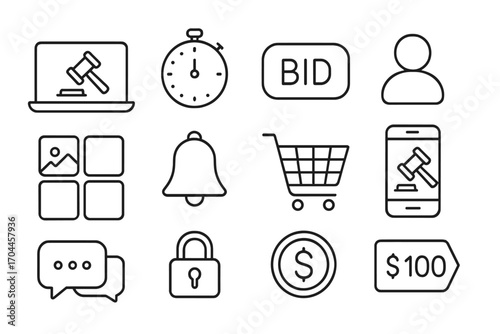 Online Auction Icons. Line style icons of online auctions: laptop with gavel icon, countdown timer, bid now button, user avatar;