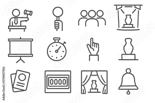 Auction Icons. Line style icons of auction scenes: auctioneer with gavel, raised bid paddle, bidding crowd, spotlighted stage;