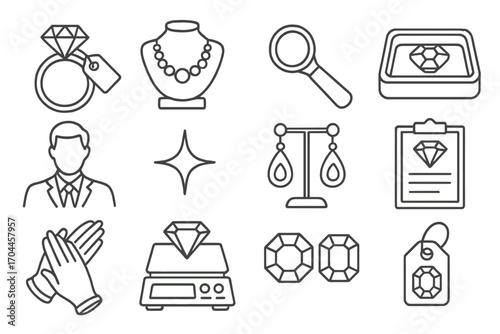 Jewelry Auction Icons. Line style icons of jewelry auctions: diamond ring with tag, necklace display, gem loupe, velvet tray;