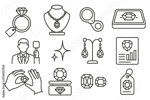Jewelry Auction Icons. Line style icons of jewelry auctions: diamond ring with tag, necklace display, gem loupe, velvet tray;