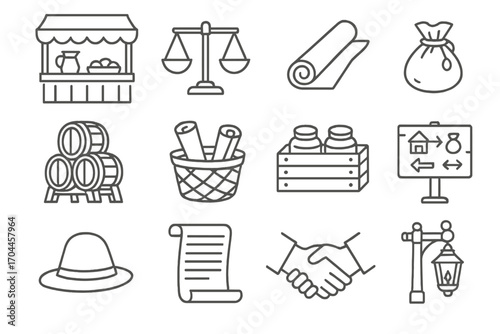 Antique Marketplace Icons. Line style icons of antique marketplace scenes: open-air stall, merchant scale, fabric roll, coin pouch
