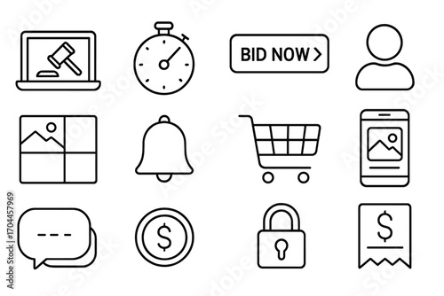 Online Auction Icons. Line style icons of online auctions: laptop with gavel icon, countdown timer, bid now button, user avatar;