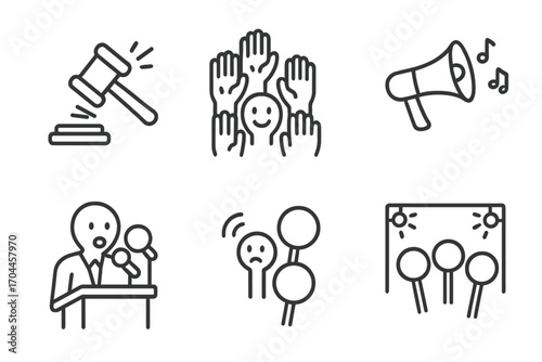 Auction Icons Illustration. Line style icons of live auctions: fast-paced gavel, raised hands, loudspeaker panel, auctioneer call;