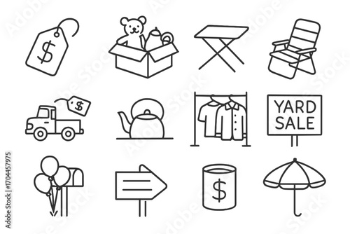 Yard Sale Elements. Line style icons of yard sale: handwritten price sign, box of goods, fold-out table, garden chair; toy truck