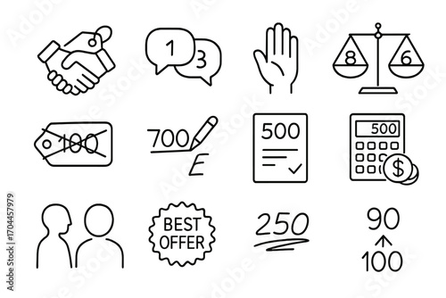 Negotiation Icon Set. Line style icons of price negotiation: handshake over price tag, talking bubbles with numbers, haggling