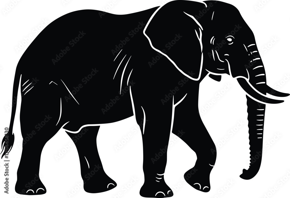 Obraz premium Minimal vector silhouette, elephant walking at slight diagonal, three-quarter side, solid black