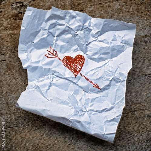 Rustic artistic illustration of heart pierced by arrow on crumpled paper.